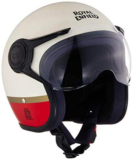 Photo produit d'un casque de moto blanc, rouge et noir de marque Royal Enfield.